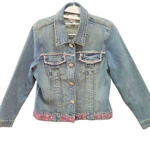 Just B Womens Denim Jacket Blue Size Medium Cotton Blend Bedazzled Button Pocket